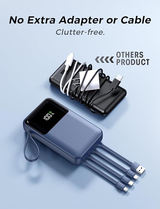 Power Bank, 15000mAh Portable Charger with Built in Cable, 22.5W Fast Charging, 6 Outputs, Slim Travel Essential Battery Pack with LED Display, Compatible with iPhone 16/15/14/13, Samsung, iPad, etc