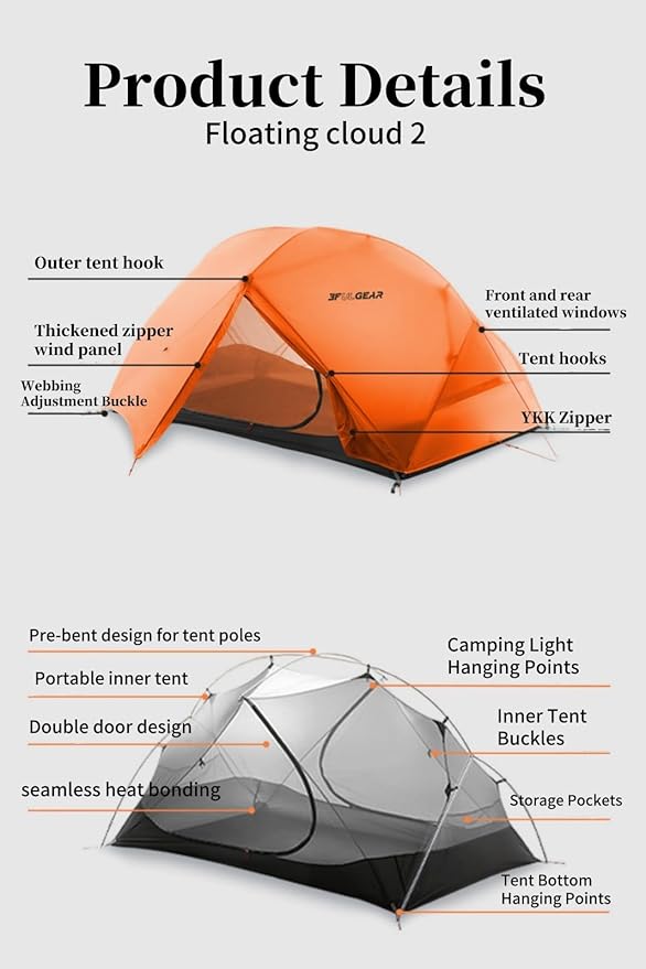 3FULGEAR Backpacking Tent, Floating Cloud 2 Easy Setup 2 Person 3/4 Season Ultralight Tents Waterproof Windproof Double Layer Lightweight Outdoor Tent for Camping, Hiking, Hunting, Survival
