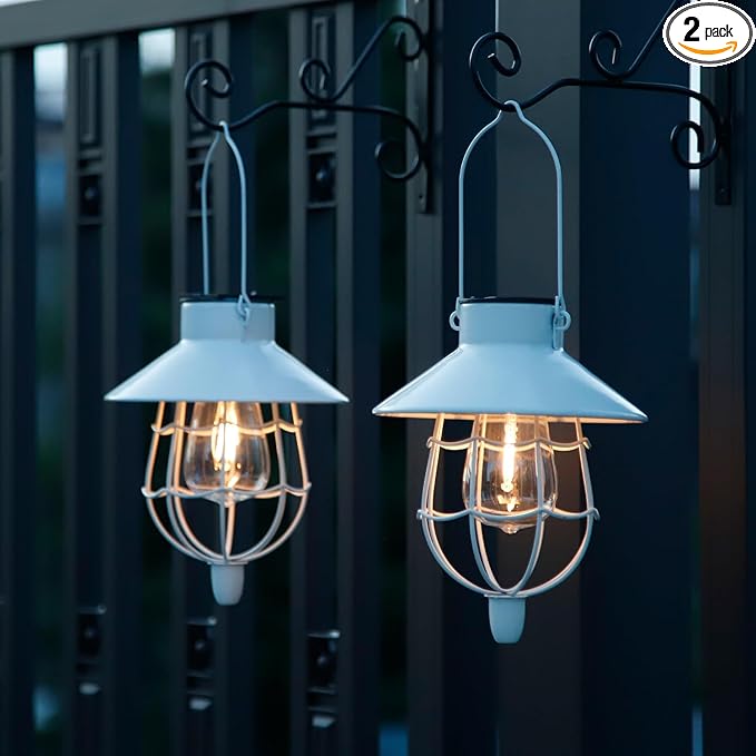YAKii 2 Pack Solar Lantern Hanging Waterproof Outdoor Metal Solar Lamp with Warm White Light Decorate for Yard Garden Pathway Patio Porch Decor (White)