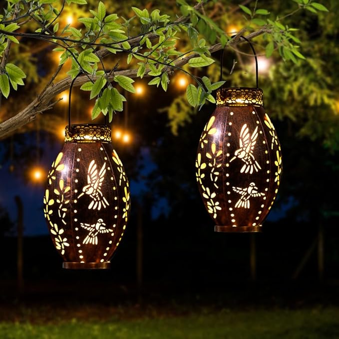 Stargarden Solar Lantern, 2 Pack Decorative Lanterns Outdoor Waterproof Solar Lights Outdoor, Hollow Out Hummingbird Pattern Hanging Lanterns for Yard ,Copper