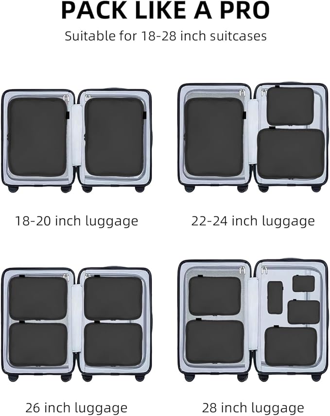 6 Set Compression Packing Cubes, Suitcase Storage Bags for Clothes and Travel Essentials (Pure Black)