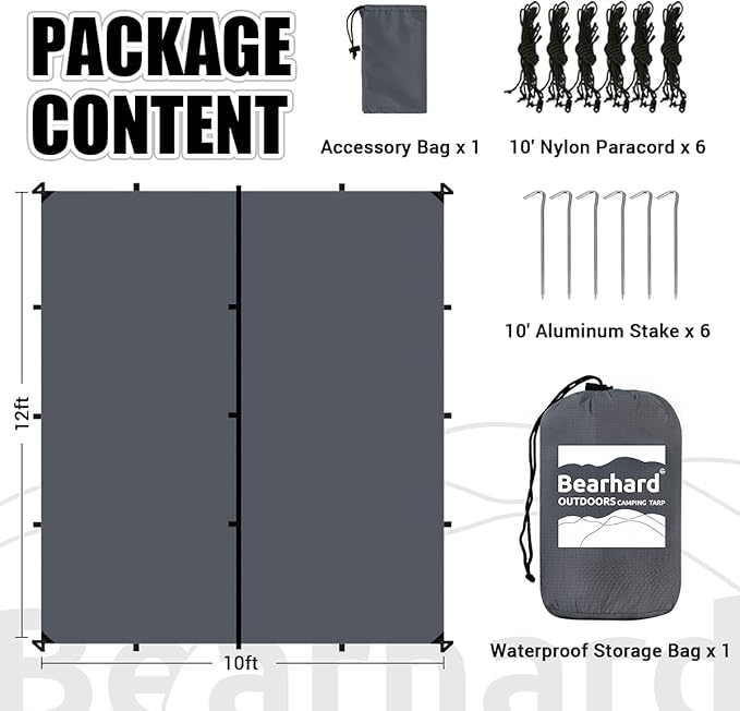 Bearhard Waterproof Camping Tarp, Lightweight Hammock Rain Fly, UV Protection and PU 3000mm Waterproof Backpacking Tarp, 10x10ft/10x12ft Large Tent Footprint or Shelter Kit for Hiking and Outdoor Adventure