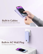 VRURC Portable Charger 20000mAh, Fast Charging Power Bank USB C,4 Output 2 Input Travel Essentials Charging Bank Equipped with LED Display,Built-in Wall Plug and Cables,Phone Charger Battery,Purple