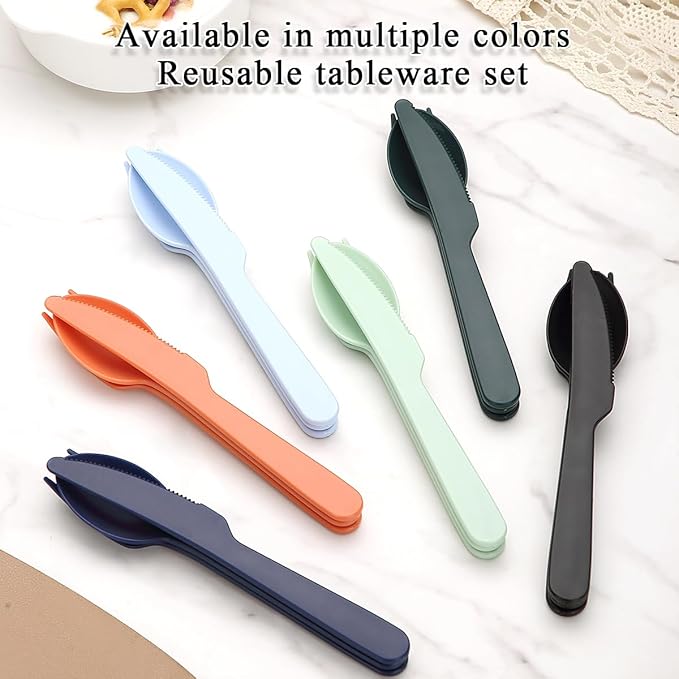 Evanda Travel Utensils Set for 6, Reusable Plastic Knife Fork Spoon Snapped Together for Easy Portability and Save Space, Silverware Cutlery Utensils Set for Work, Camping, Picnic, Gadgets, Lunch Box