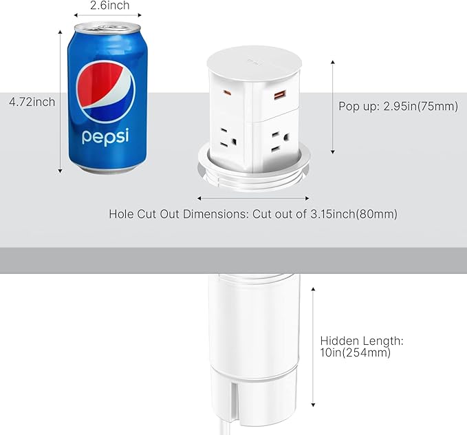 Power Strip Pop up Outlet for Countertop,PD 65W USB C,4 USB Ports,4 Outlets Tamper Resistant,Flush Mount,Space Saver Recessed Receptacle,ETL Listed (White, 6FT_4 Outlets_65W USB)