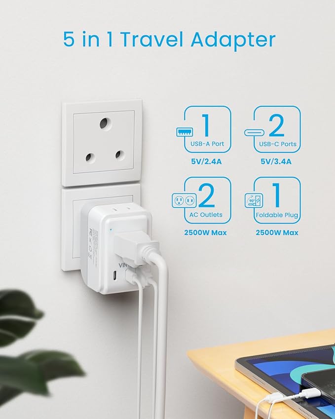 2 Pack US to India Plug Adapter, VINTAR Foldable India Power Adapter with 2 Outlets and 3 USB Ports(2 USB C), 5 in 1 Type D Plug Adapter for US to India Bangladesh Maldives Pakistan Sri Lanka