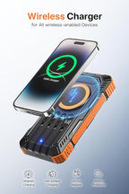 Solar Power Bank 49800mAh Wireless Portable Charger with USB-C 15W Fast Charging with 4 Built-in Cables LED Flashlight Battery Pack Compatible with iPhone, iPad, Galaxy, Perfect for Camping, Hiking