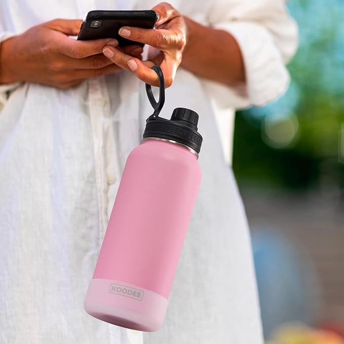 koodee Insulated Water Bottle, 18 oz Stainless Steel Double Wall Vacuum Wide Mouth Sport Bottle with Leakproof Spout Lid (Pink)