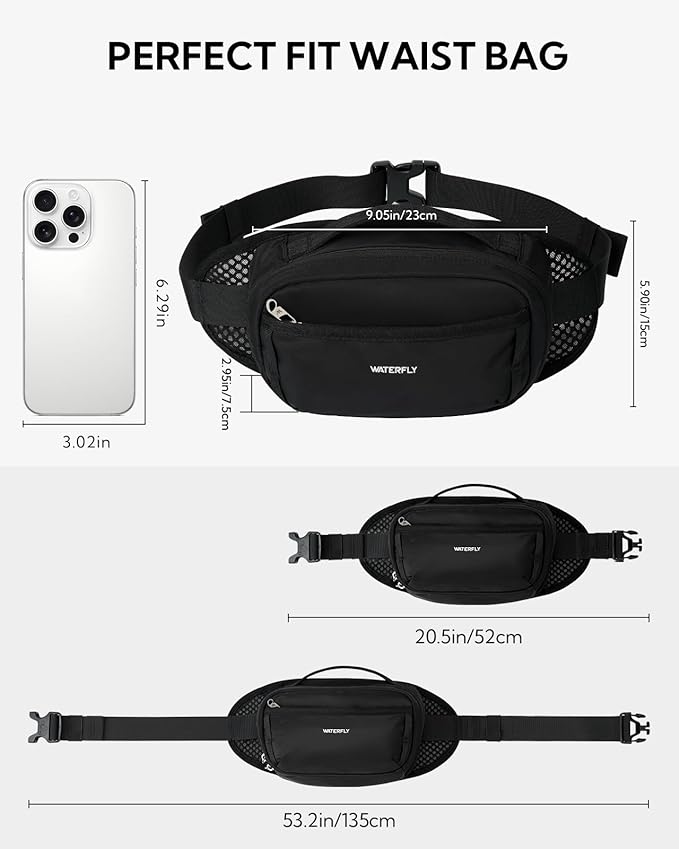 WATERFLY Fanny Pack Waist Bag: Large RFID Blocking Crossbody Bags with Multi-Pockets, Breathable Casual Anti-Theft Hip Pouch for Women Men Traveling Walking Hiking-Black