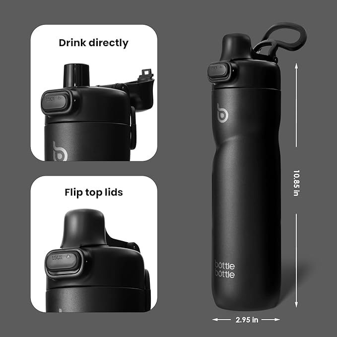 BOTTLE BOTTLE Insulated Water Bottle 24 oz with Handle and Flip Tops Lids Stainless Steel Water Bottle Push Button Lid Leak proof Portable for Running Travel Sports Hiking black