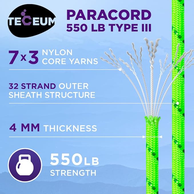 TECEUM 5/32" Paracord Rope 1000 – 1000ft / 200ft / 100ft / 50ft – Tactical Parachute Cord 4mm – 45+ Colors – Nylon String for Survival & Camping Gear – Stripe Cord for Survival – Utility Rope
