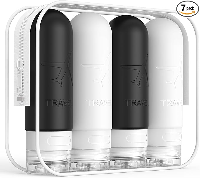 ME.FAN Travel Bottles for Toiletries, TSA Approved 3oz Travel Size Containers, Silicone Squeezable Portable Split Bottle, Travel Accessories for Conditioner, Shampoo, Lotion- 4 Pack Black/White