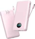 Portable Charger 33800mAh USB C Power Bank with Built-in Cables & AC Wall Plug,25W Fast Charging+QC 4.0 Phone Charger,4 Output LCD Display Battery Pack Compatible with iPhone16/15,Samsung,Android etc