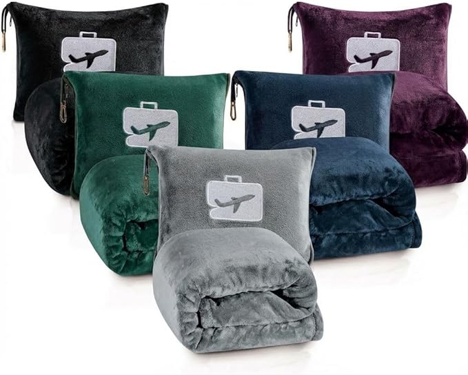 Comfort Fly Travel Blanket & Pillow – 2-in-1 Micro Plush Airplane Blanket with Carry Case (40" x 70") - Plum