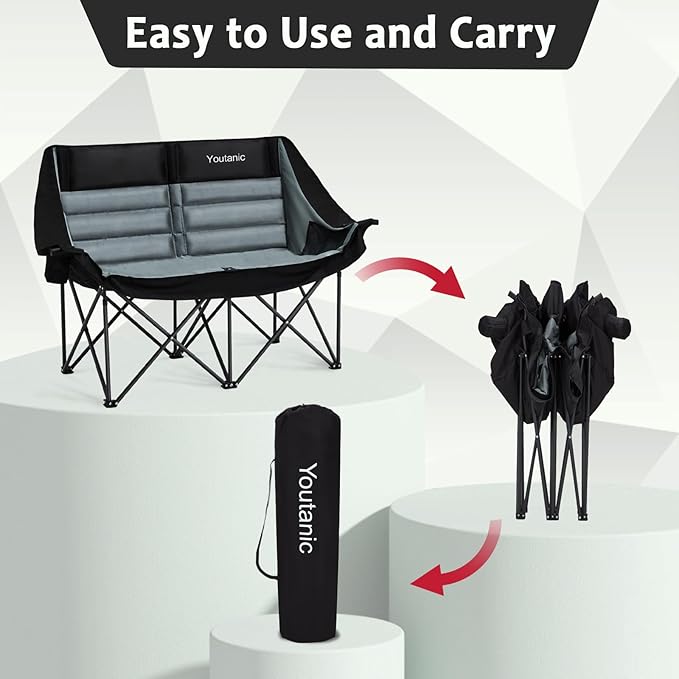 Oversized Camping Chair, Double Folding Loveseat Camping Couch with Pocket, Cup Holder and Carry Bag, Heavy Duty Portable Camping Chairs for Adults, Fishing, Sports, Trip, up to 660lbs, Black