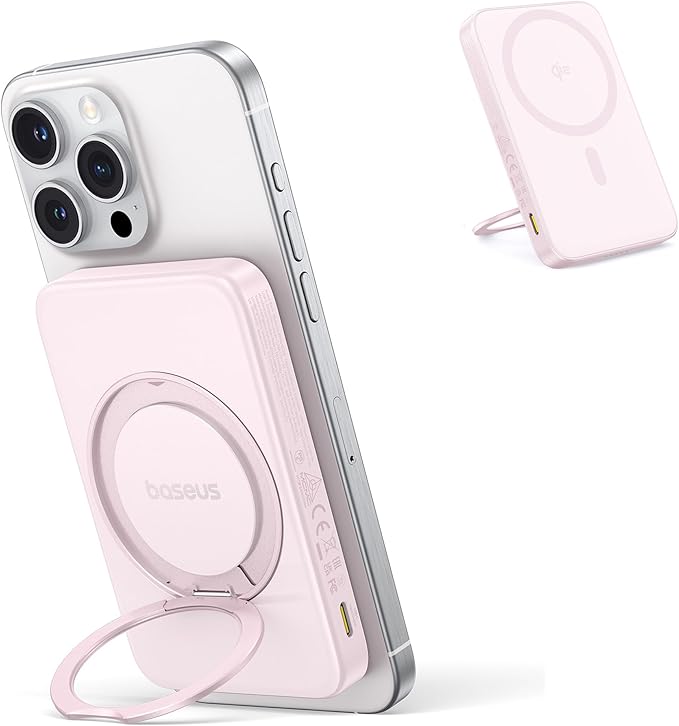 Baseus PicoGo Magnetic Power Bank, Qi2 Certified 15W Ultra-Fast Wireless Portable Charger with Stand, Ultra-Slim 5000mAh Battery Pack for iPhone 17 Pro Max 16/15/14/13/12