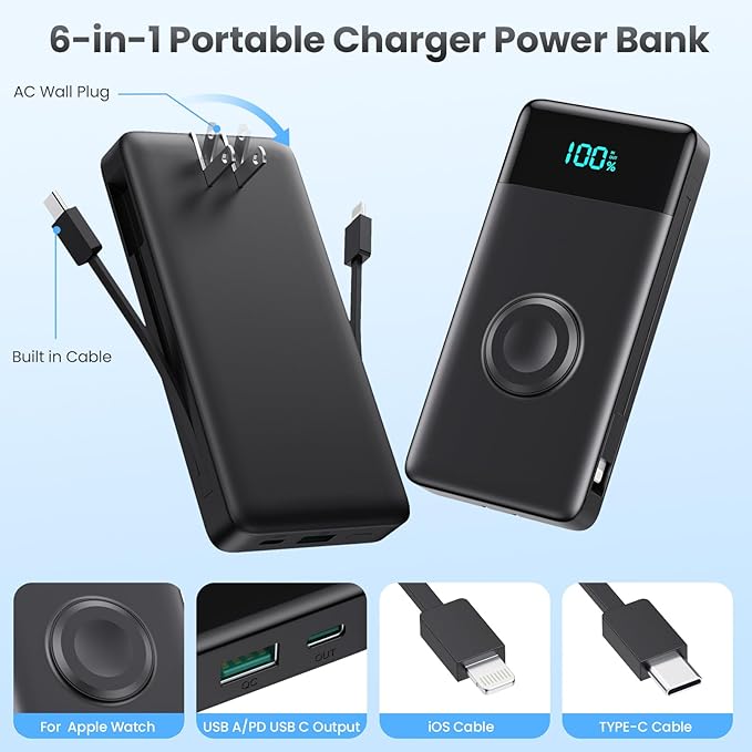 Portable Charger for iPhone with Built in Cables & Wall Plug,6-in-1 10800mah Power Bank with iWatch Charger, QC4.0+25W PD Fast Charging LCD Display Battery Pack for iPhone 16/15/14,Android