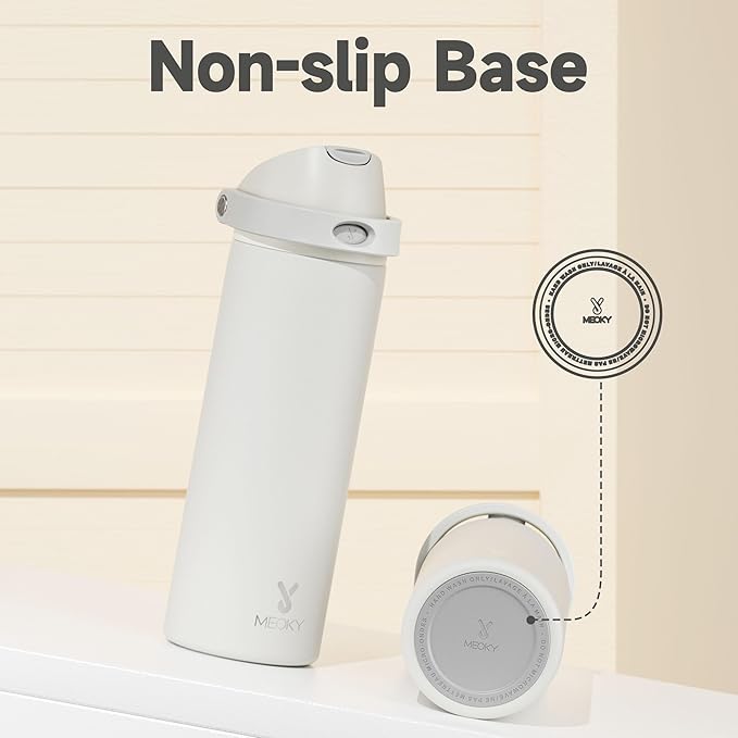 24 oz Insulated Water Bottle with Straw: Meoky Stainless Steel Metal Water Bottle with 2-in-1 Lid - Leak Proof, Cold for 24 Hours, Protective Silicone Base, BPA-Free for Sports Travel Car, Ivory