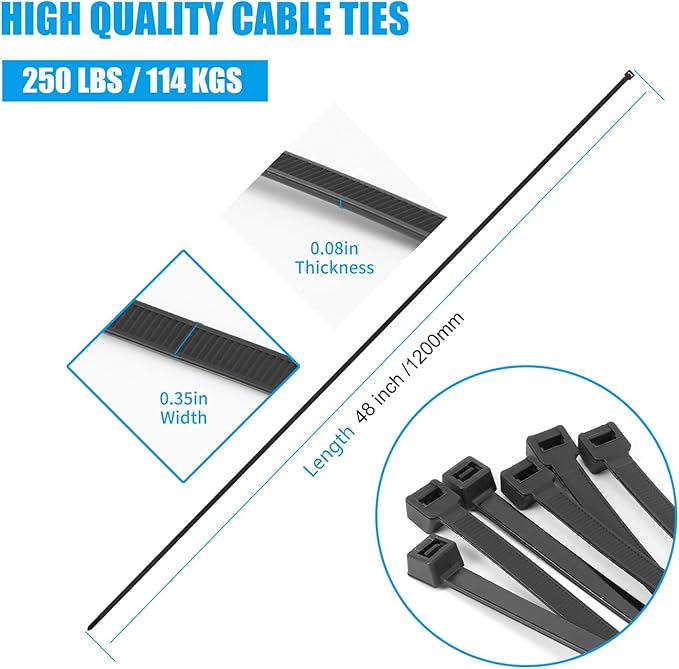 Armpow 48 inch Black Zip Ties Heavy Duty 20PCS, 200LBS Ultra Exclusive Strong Plastic Wire Ties, Large Cable Ties Extra Long Tie Wraps, Indoor and Outdoor UV Resistant