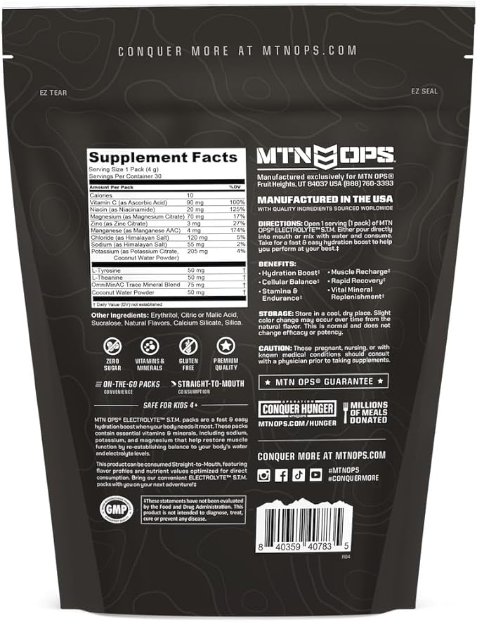 MTN OPS Electrolytes Powder Packets, Sugar Free Hydration Packets, Gluten-Free Hydration Powder, Electrolyte Packets STM “Straight to Mouth” - Variety Pack of 3 Flavors, 30 Packs