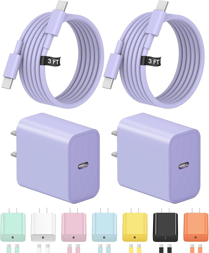 3FT iPhone 17 16 15 Charger Fast Charging USB C Charger Block Type C Chagrer Fast Charging 2-Pack for iPhone 17/17 Plus/17 Pro/17 Pro Max/iPhone 16/16 Plus/16 Pro/16 Pro Max/15 Pro Max/Samsung(Purple)