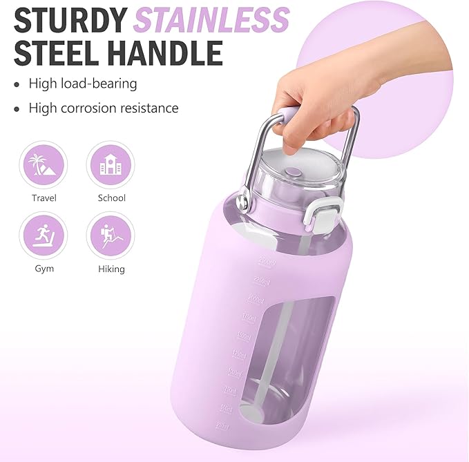 BLUEGO 84oz Water Bottle Glass with Stainless Steel Handle Large 2.5l Water Bottle with Time Markers and Silicone Sleeve Half Gallon Water Jug BPA Free for Gym Daily Use, Purple
