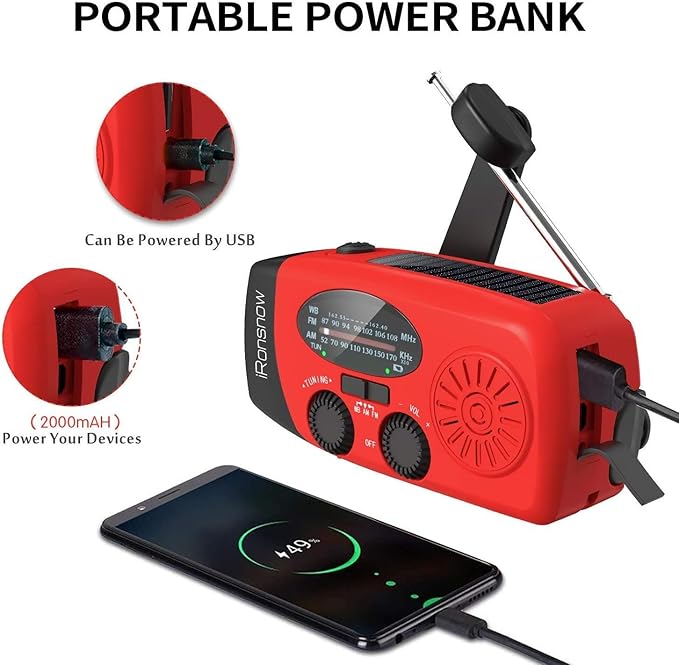 Solar Emergency Hand Crank Weather Radio, Portable Self Powered NOAA AM/FM Radios with SOS Alarm LED Flashlight 2000mAh Smart Phone USB Charger for Camping (Red)