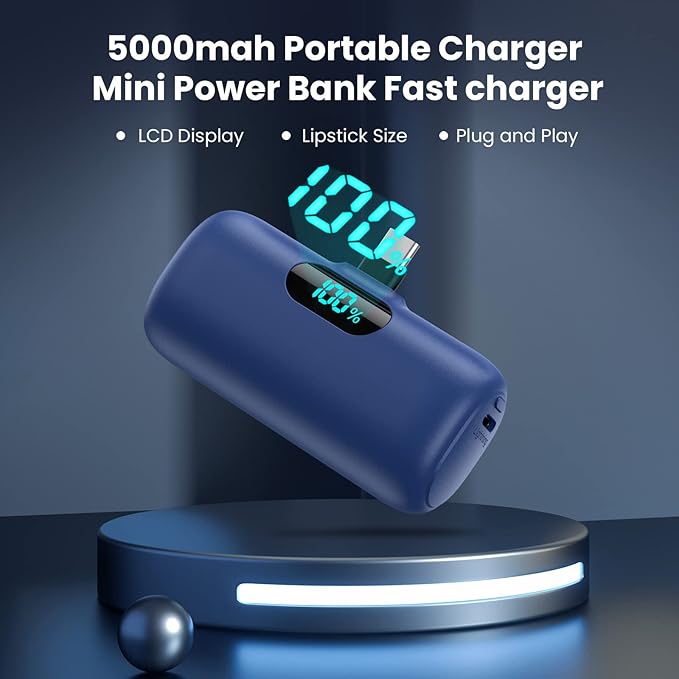 Mini Portable Charger 5000mAh Power Bank,15W PD USB C Cell Phone Portable Power, LCD Display Battery Pack Compatible With iPhone 15/15 Plus/15 Pro/15 Pro Max/Android/Samsung/Moto/LG (Type-C Only)