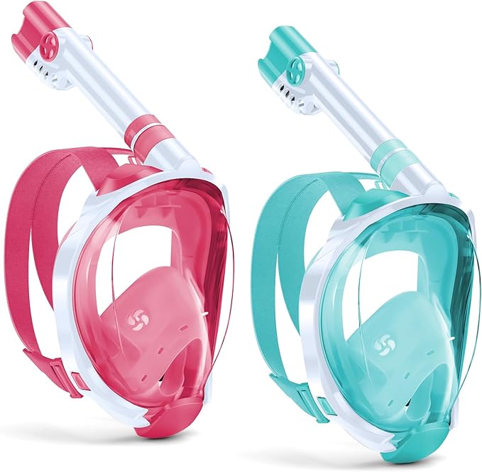 W WSTOO Kids Full Face Snorkel Masks,Suitable for Beginners Dry Top Snorkeling Gear,Can Your Mouth or Nose to Breathe,180 Degrees Panoramic View,Anti-Fog Anti-Leak,Summer Travel and Vacationing Gifts
