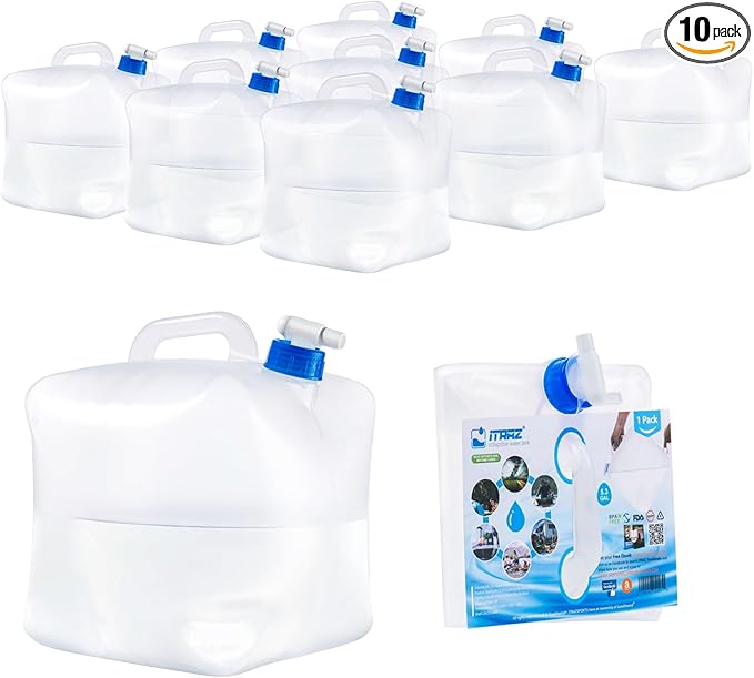 Collapsible Water Jug, 10 Packs 5.3 Gallon BPA Free Camping Water Container with Spigot, Portable Water Storage Carrier for Emergency Survival Hiking Backpacking Outdoors - Food Grade LDPE