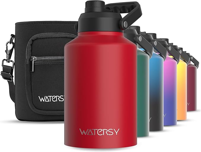 WATERSY 1 Gallon Water Bottle Insulated(Cold for 48 Hrs),BPA Free&Leak Proof,128oz Stainless Steel Water Jug,Big thermo,Large Water Bottle with Handle for Gym,Hiking,Camping&Travel,Red