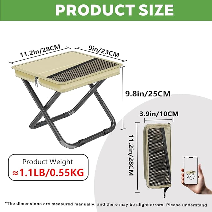 Portable Folding Stool-Handbag-Style Ultralight Camping Chair with Double Storage Pockets, 3Layer 600D Oxford Cloth, Heavy-Duty Carbon Steel Frame for Outdoor Fishing (Khaki, M)