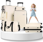 Hoteel 5 Piece Luggage Set (4-YEAR WARRANTY) ABS+PC Hardshell Carry on Suitcase with Spinner Wheels & TSA Lock for Men and Women, Rolling Suit Case for Plane, Travel, Business, Beige (20/24/28/DB/TB)