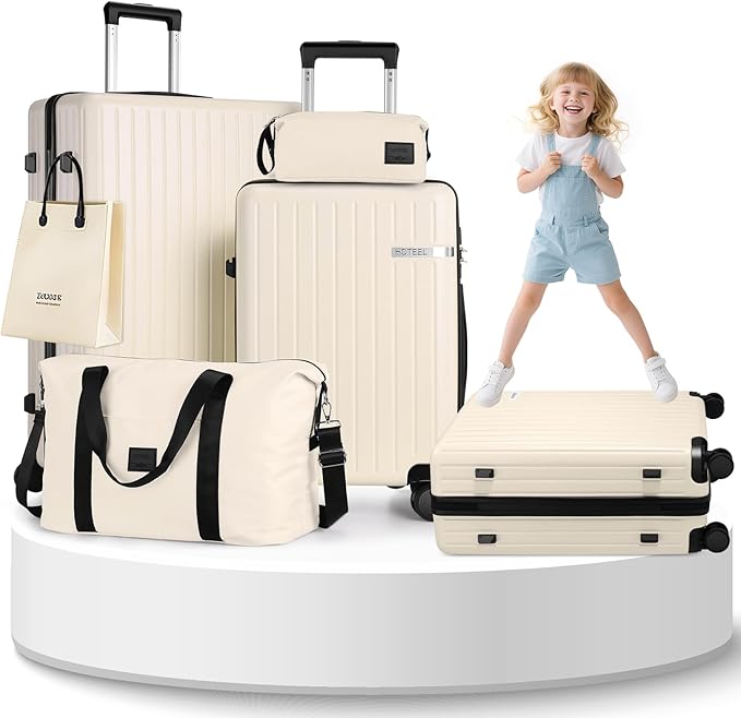 Hoteel 5 Piece Luggage Set (4-YEAR WARRANTY) ABS+PC Hardshell Carry on Suitcase with Spinner Wheels & TSA Lock for Men and Women, Rolling Suit Case for Plane, Travel, Business, Beige (20/24/28/DB/TB)
