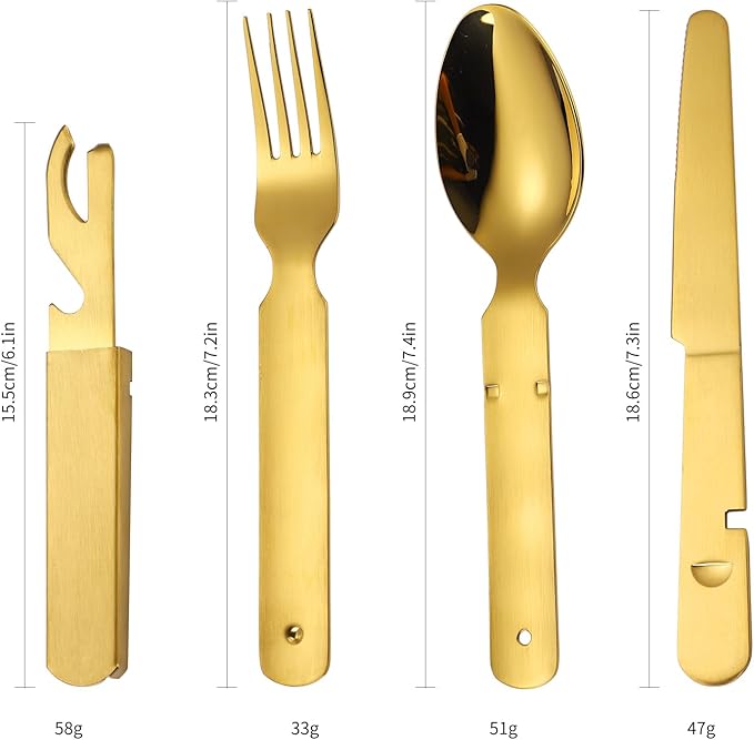 Picnic Silverware Gold Camping Cutlery Fork Knife Spoon Bottle Opener 4 Pieces Flatware Utensil Kit Foldable for Outdoor Kitchen Daily Use Easy To Clean