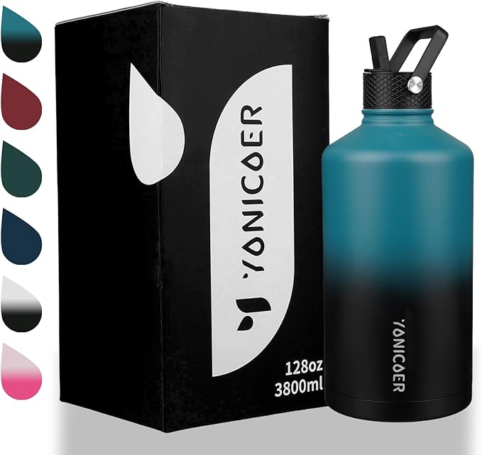 Insulated Water Bottle 128oz,Triple Wall Vacuum Stainless Steel(Dishwasher Safe),Leak Proof & Non-BPA,Flask Jug with Paracord Handle & Straw Spout Lids Sports Gradient indigo blue/black