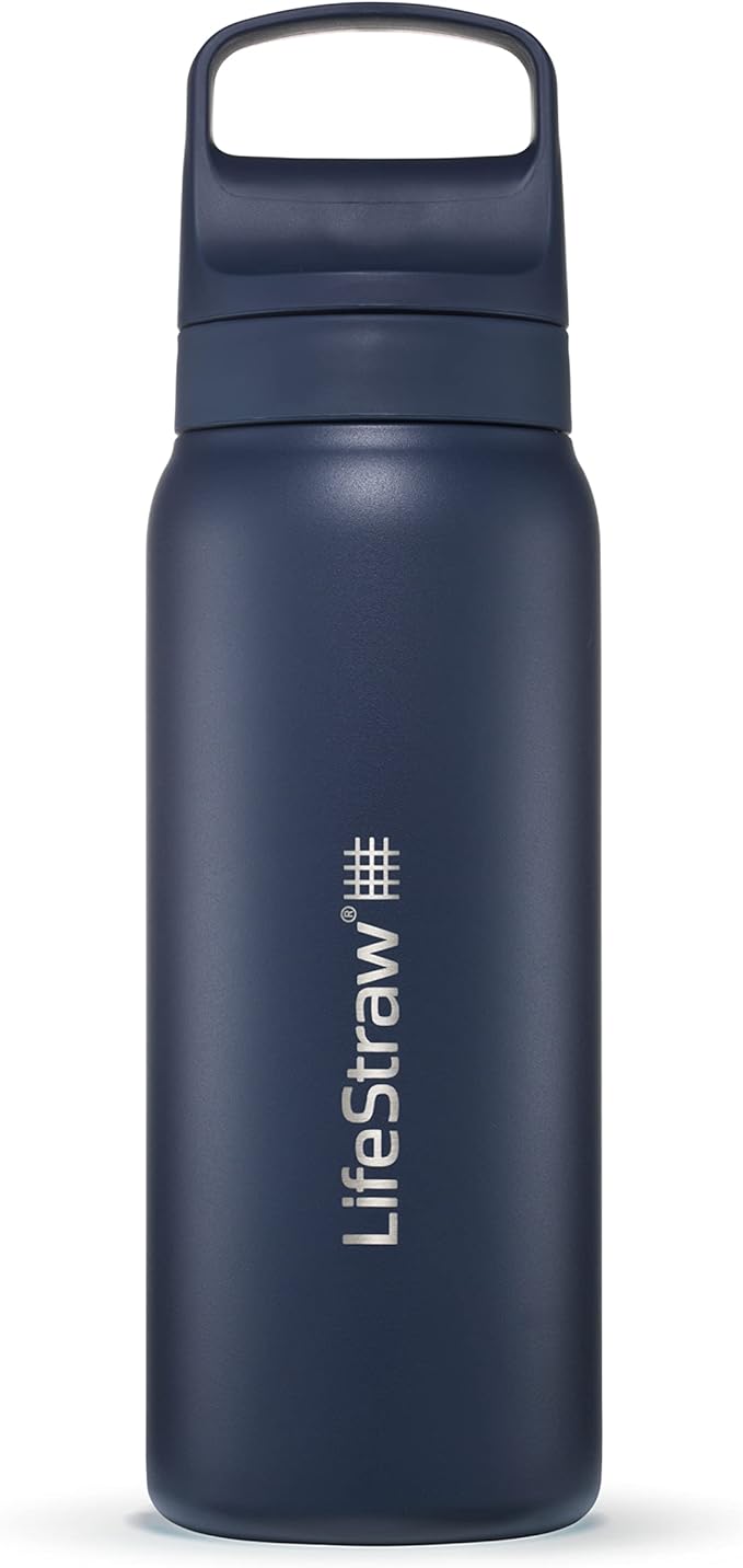 LifeStraw Go Series — Insulated Stainless Steel Water Filter Bottle for Travel and Everyday Use Removes Bacteria, Parasites and Microplastics, Improves Taste, 24oz Aegean Sea