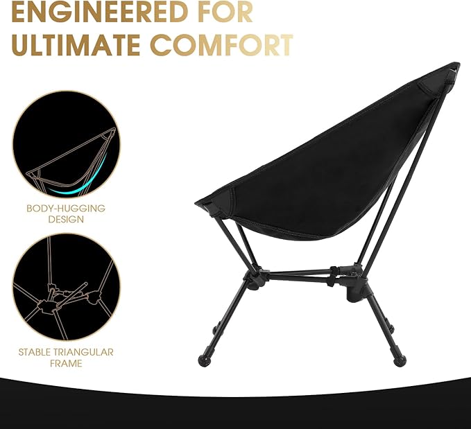 MOON LENCE Portable Snap-Lock Camping Chair, Folding Compact Chair, Lightweight Foldable Backpacking Support 330 lbs (Black)