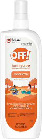 OFF! Family Care Insect & Mosquito Repellent Spritz, Bug Spray Containing 7% DEET, Unscented Repellent with Aloe Vera Protects Against Mosquitoes, 9 Oz