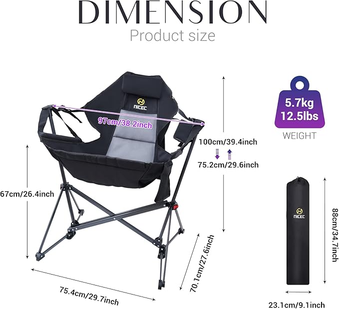 Nice C Hammock Camping Chair, Camping Chair Rocker, Swinging Chair, High Back with Stand, Cup Holder, Side Pocket, Heavy Duty (1-Pack)