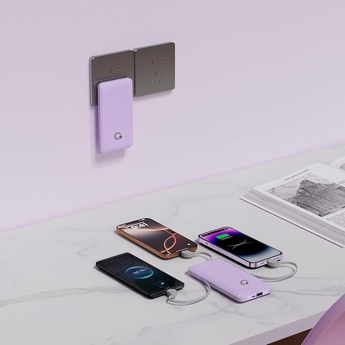 Q 10000mAh Power Bank, Slim Portable Charger,4 Output External Battery Pack with Built-in AC Wall Plug Micro USB C 3 Cables Compatible with iPhone Samsung Android Phone Tablet and More