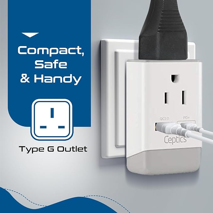Ceptics UK Ireland Hong Kong Plug Adapter, International Power Plug with USB & USB-C - 2 USA Socket, QC 3.0 & PD - Type G Outlet Adapter for USA to British England Scotland London - Fast Charging