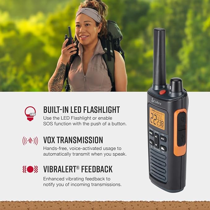 Cobra RX680 Walkie Talkies (2-Pack) - Rugged & Splashproof Two Way Radios Long Range, IP54 Water Resistant Design, 60 Pre-Programmed Channels, Weather Alerts, Included Charging Dock (Black/Orange)
