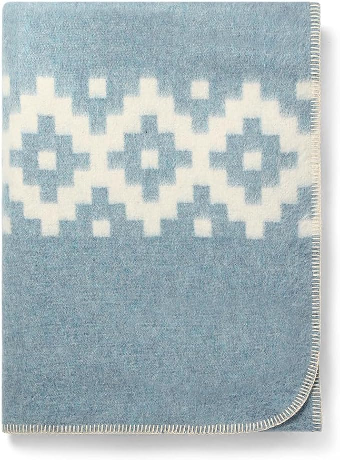 Thick Alpaca Wool Blanket Heavyweight Camping Outdoors Indoors Soft Peru Twin Size Ethnic Design (Soft Blue/Ivory, Twin Size)