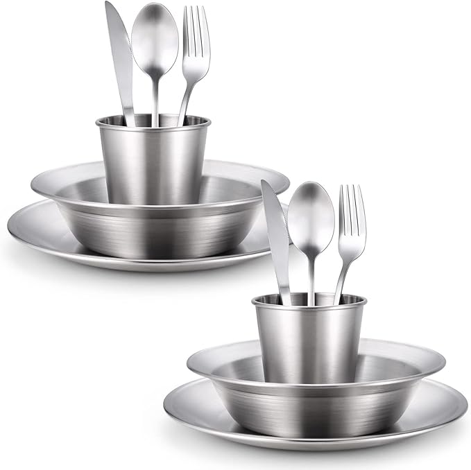 Odoland Stainless Steel Camping Mess Kit for Family & Person, Cooking Tableware Utensils with Plates Bowls Forks Spoons Knives & Savings Bag for Camping, Backpacking, Hiking, Picnic