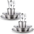 Odoland Stainless Steel Camping Mess Kit for Family & Person, Cooking Tableware Utensils with Plates Bowls Forks Spoons Knives & Savings Bag for Camping, Backpacking, Hiking, Picnic
