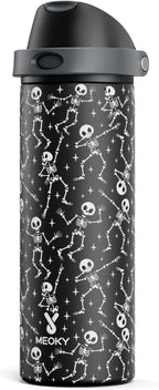 24 oz Halloween Insulated Water Bottle: Meoky Stainless Steel Water Bottle with 2-in-1 Straw Lid - Leak Proof, Cold for 24 Hours, Protective Silicone Base, Halloween Gifts for Women Men, Pop Skull