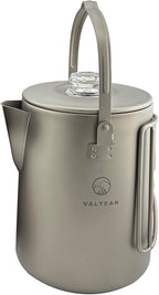 Valtcan Titanium Percolator Coffee Maker Pot 1.5L Filter Brew Ultralight Weight Camping Kettle 50 fl oz 6 Cup Capacity Glass Knob 395g Compact Kettle