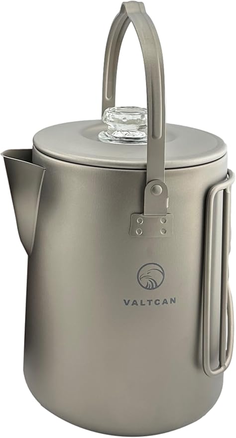 Valtcan Titanium Percolator Coffee Maker Pot 1.5L Filter Brew Ultralight Weight Camping Kettle 50 fl oz 6 Cup Capacity Glass Knob 395g Compact Kettle
