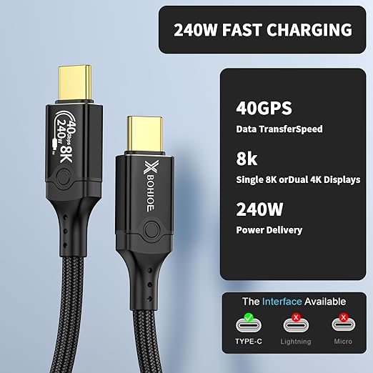 40Gbps USB 4.0 to USB C Cable for Thunderbolt 4 Cable 3.3ft USB4 Sync 8K/5K@60Hz Display Type C 240W Charging Compatible iPhone 15/16 Pro/Max GoogL/MacBook Pro/Air iPad Laptop Monitor(Black)